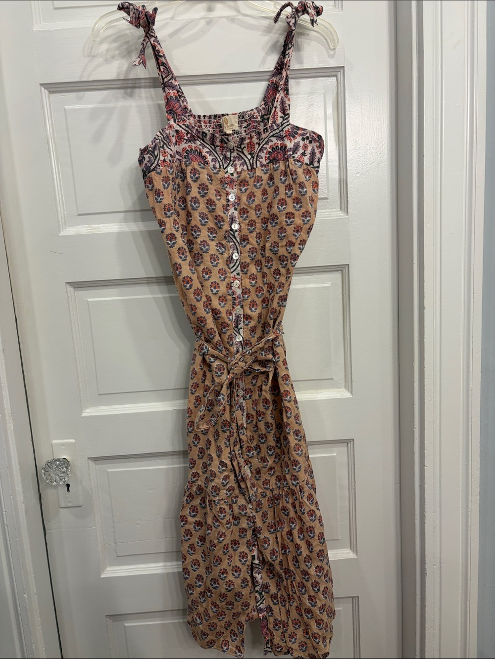 Perry Walker Floral Tie-Waist Midi Dress in Tan and Pink